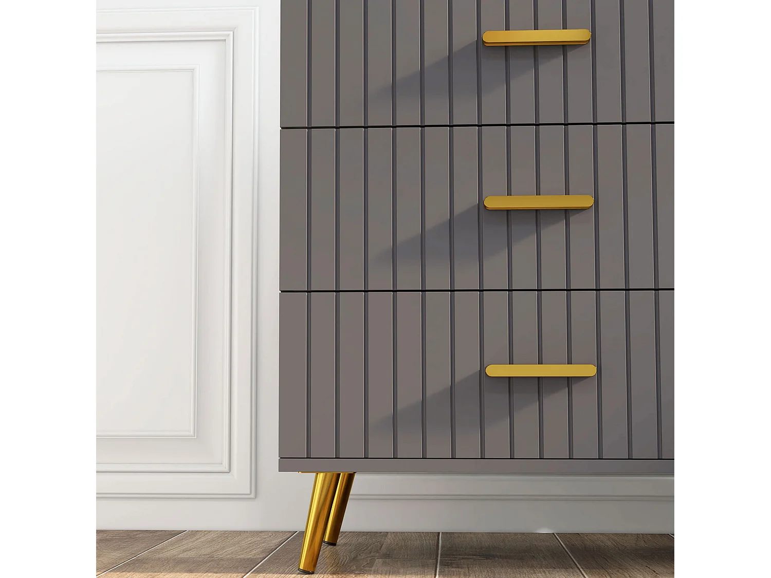 Cassettiera 4 cassetti moderna in legno e alluminio oro e grigio scuro