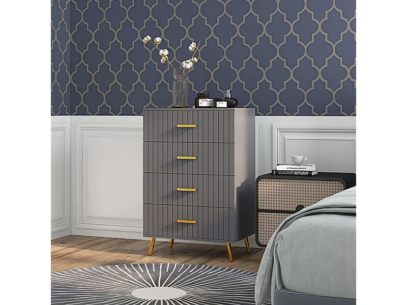 Cassettiera 4 cassetti moderna in legno e alluminio oro e grigio scuro