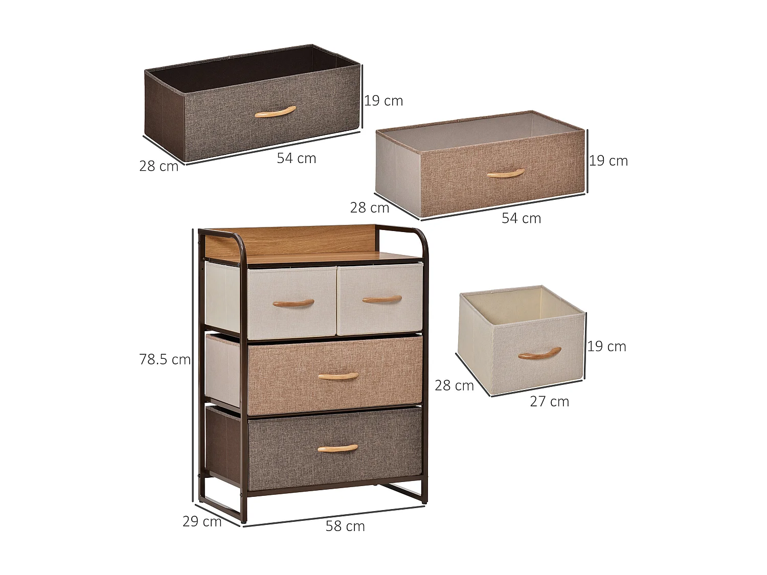 Cassettiera 4 cassetti pieghevoli in acciaio e mdf 58x29x78.5cm