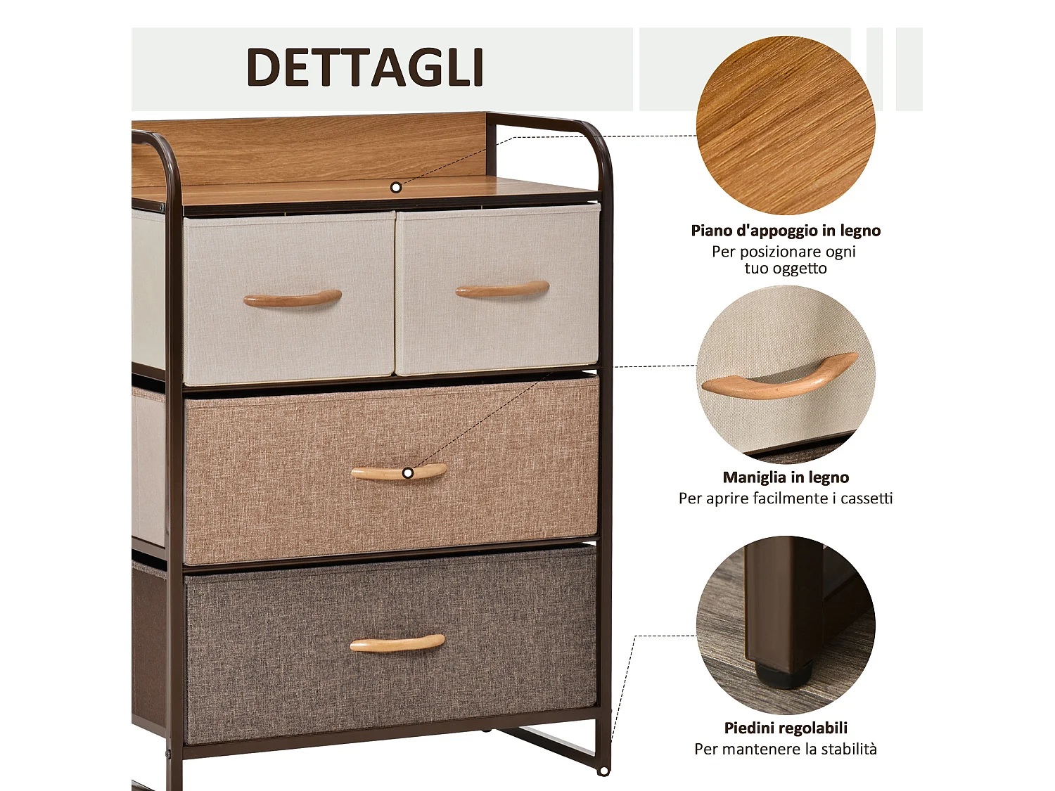 Cassettiera 4 cassetti pieghevoli in acciaio e mdf 58x29x78.5cm