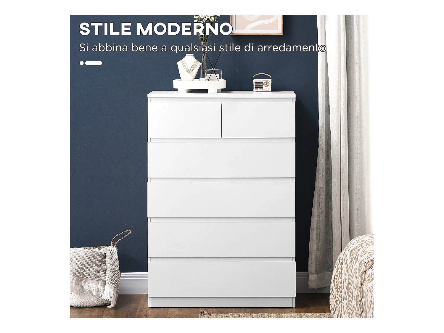 Cassettiera 6 cassetti in legno truciolato 80x39x115 cm bianca