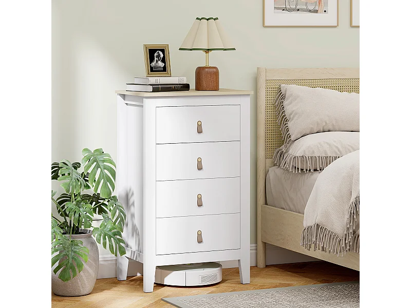 Cassettiera 4 cassetti con maniglie in finta pelle bianco