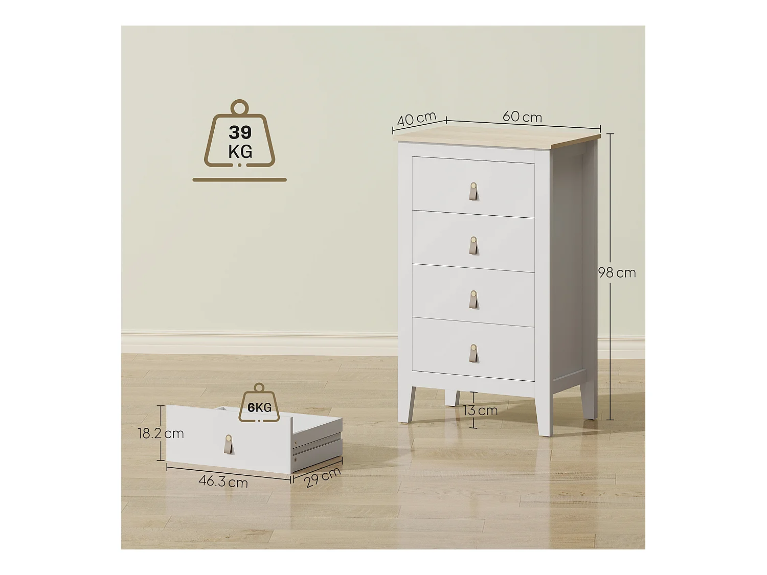 Cassettiera 4 cassetti con maniglie in finta pelle bianco