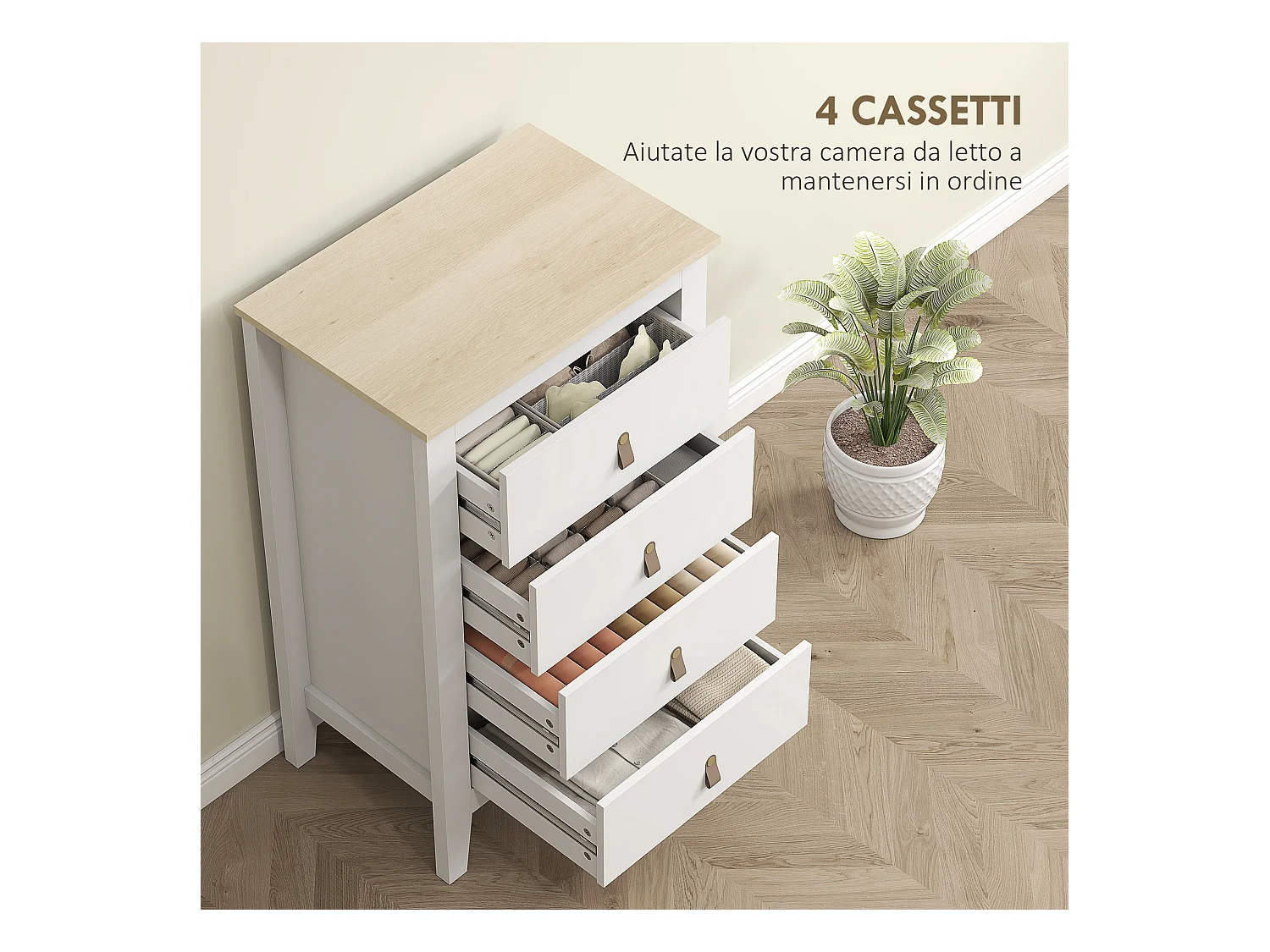 Cassettiera 4 cassetti con maniglie in finta pelle bianco