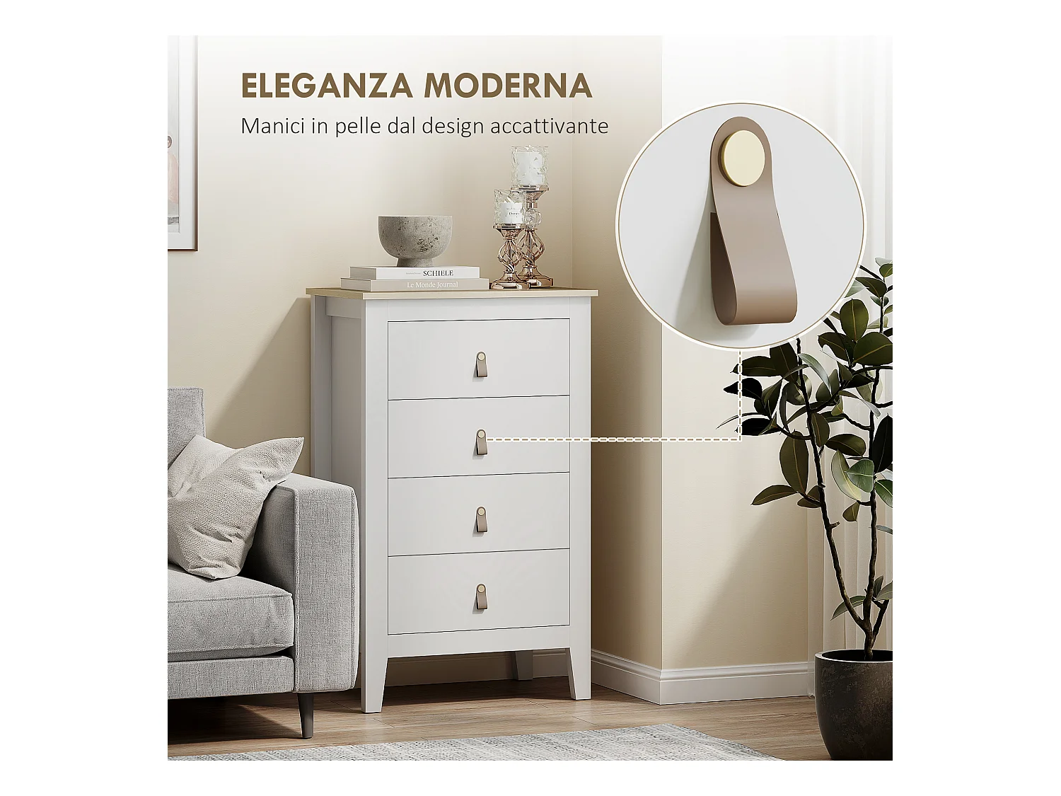 Cassettiera 4 cassetti con maniglie in finta pelle bianco