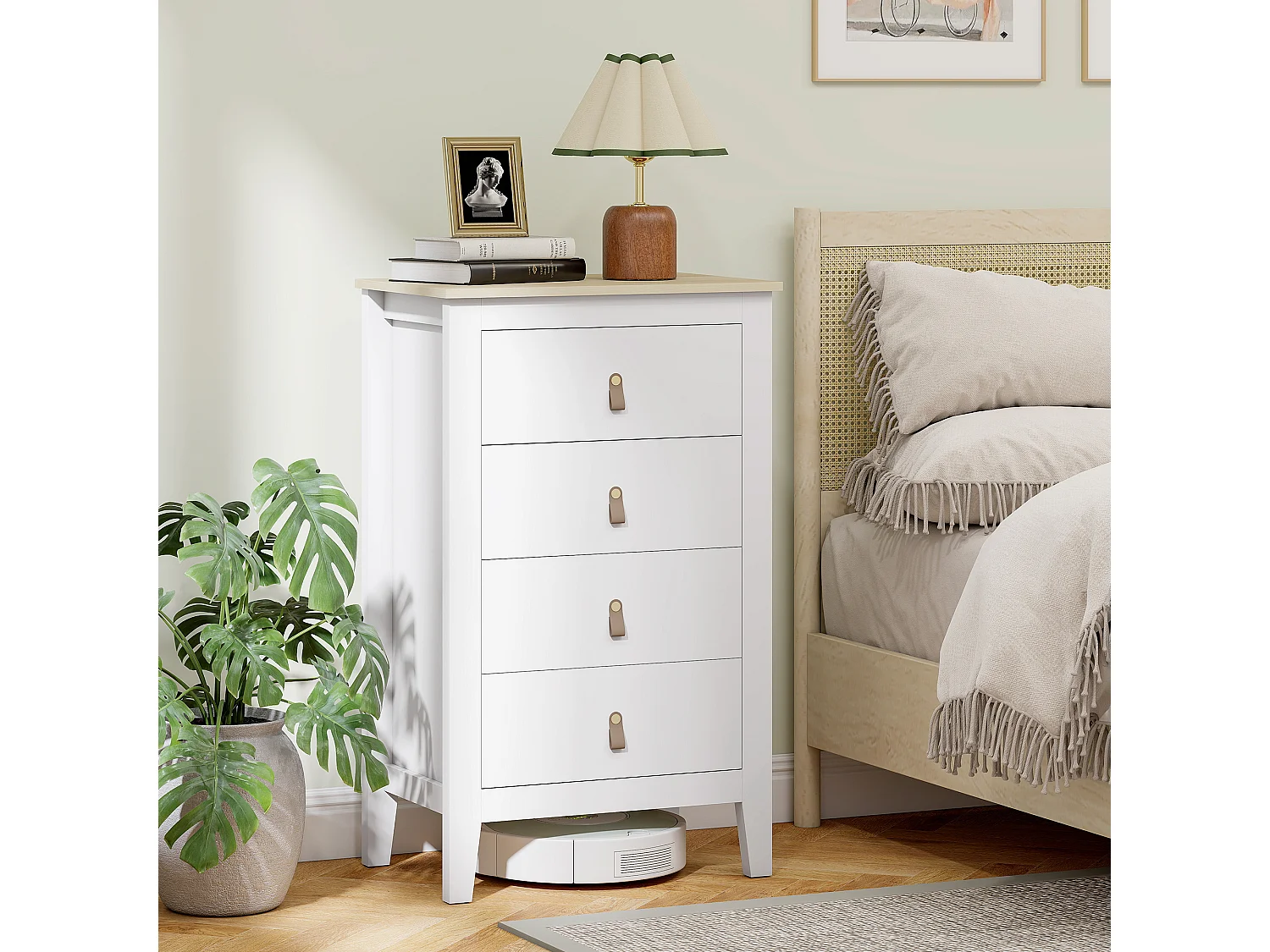 Cassettiera 4 cassetti con maniglie in finta pelle bianco