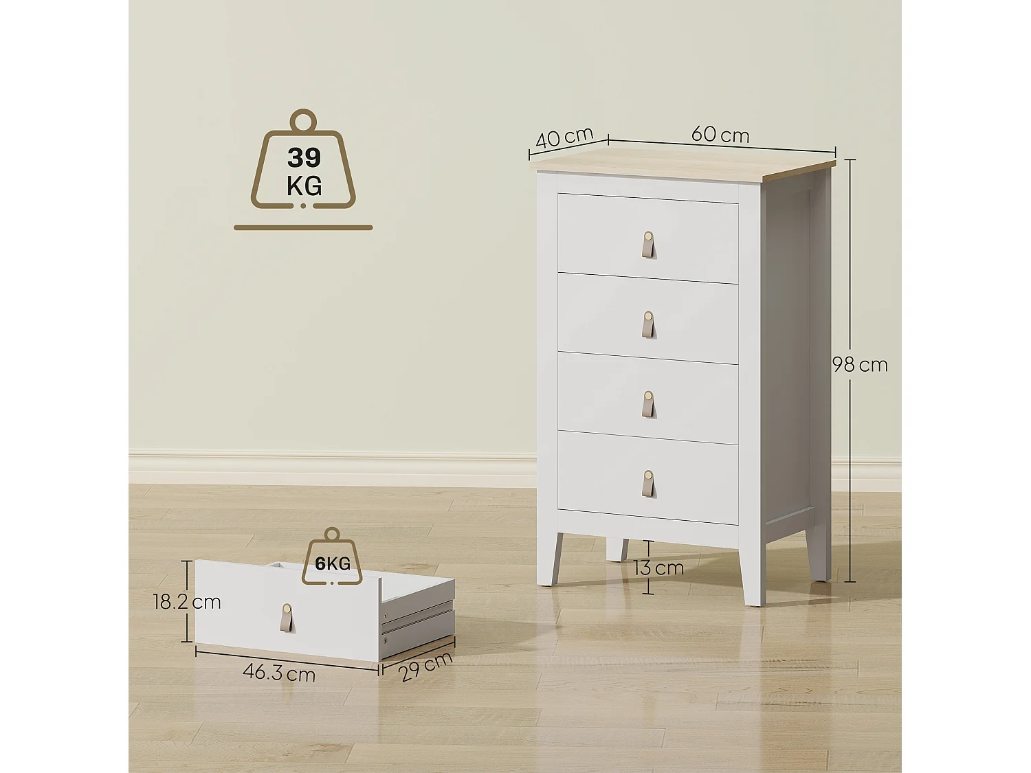 Cassettiera 4 cassetti con maniglie in finta pelle bianco