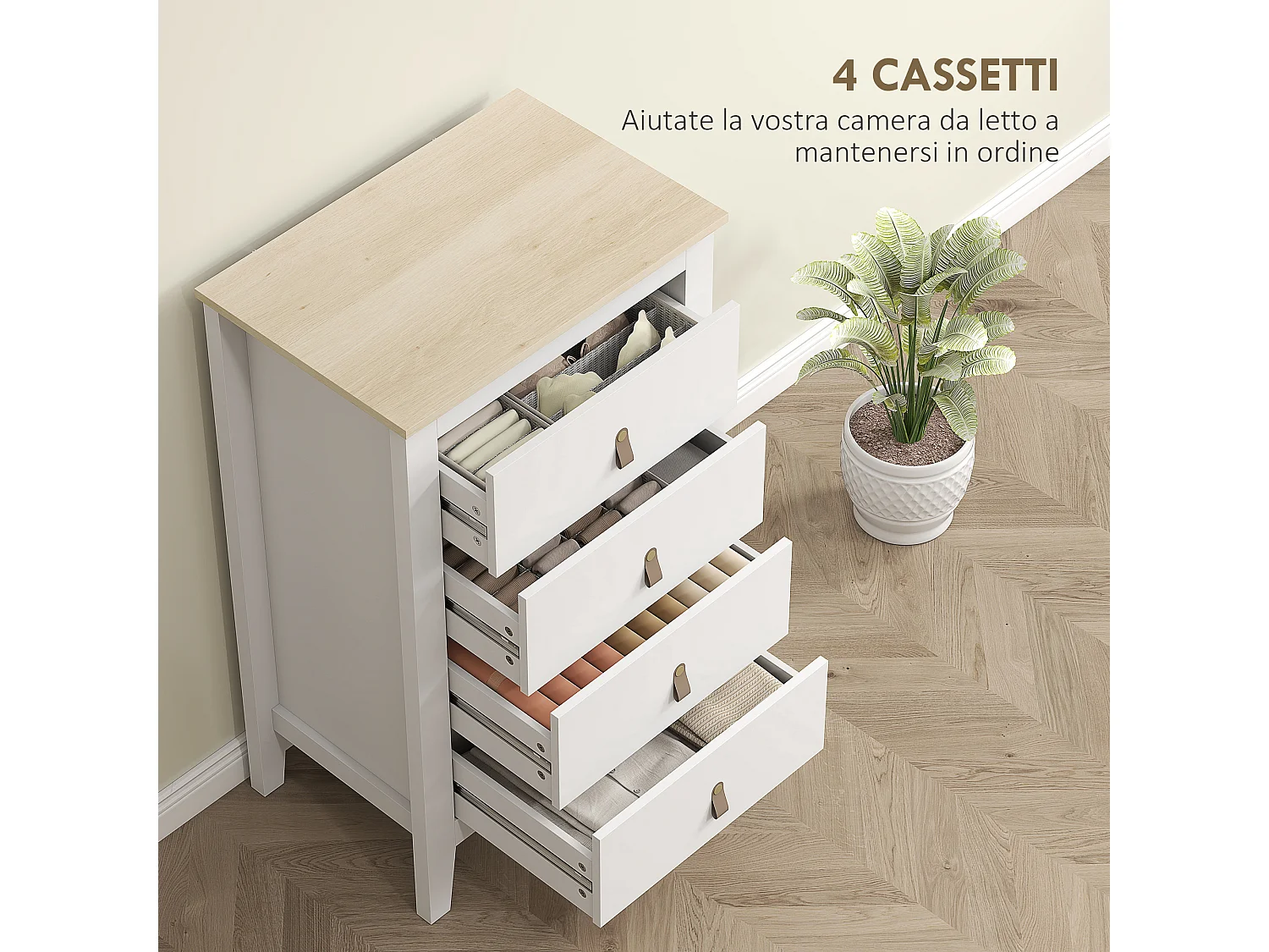 Cassettiera 4 cassetti con maniglie in finta pelle bianco
