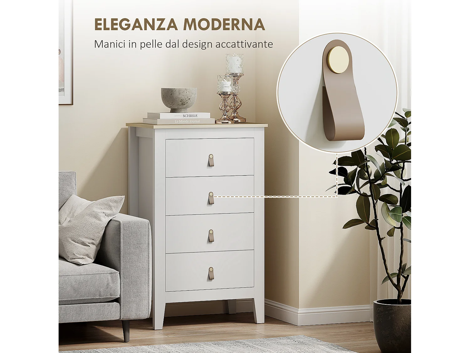 Cassettiera 4 cassetti con maniglie in finta pelle bianco