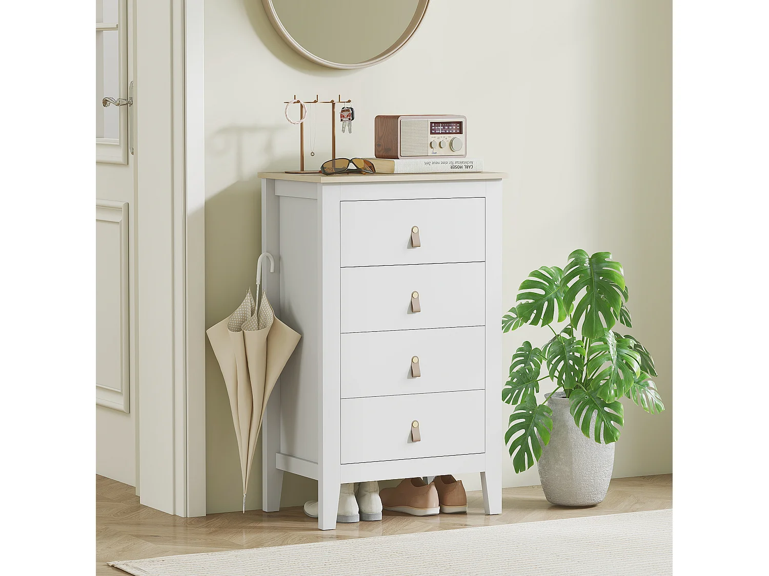 Cassettiera 4 cassetti con maniglie in finta pelle bianco