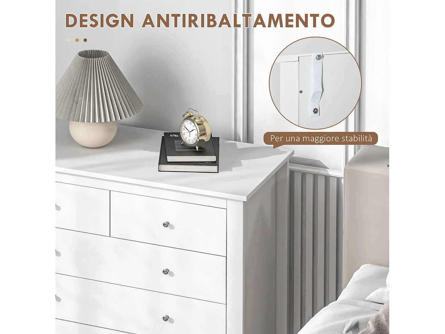 Cassettiera 5 cassetti per camera in legno bianco 79x39.5x80.5 cm