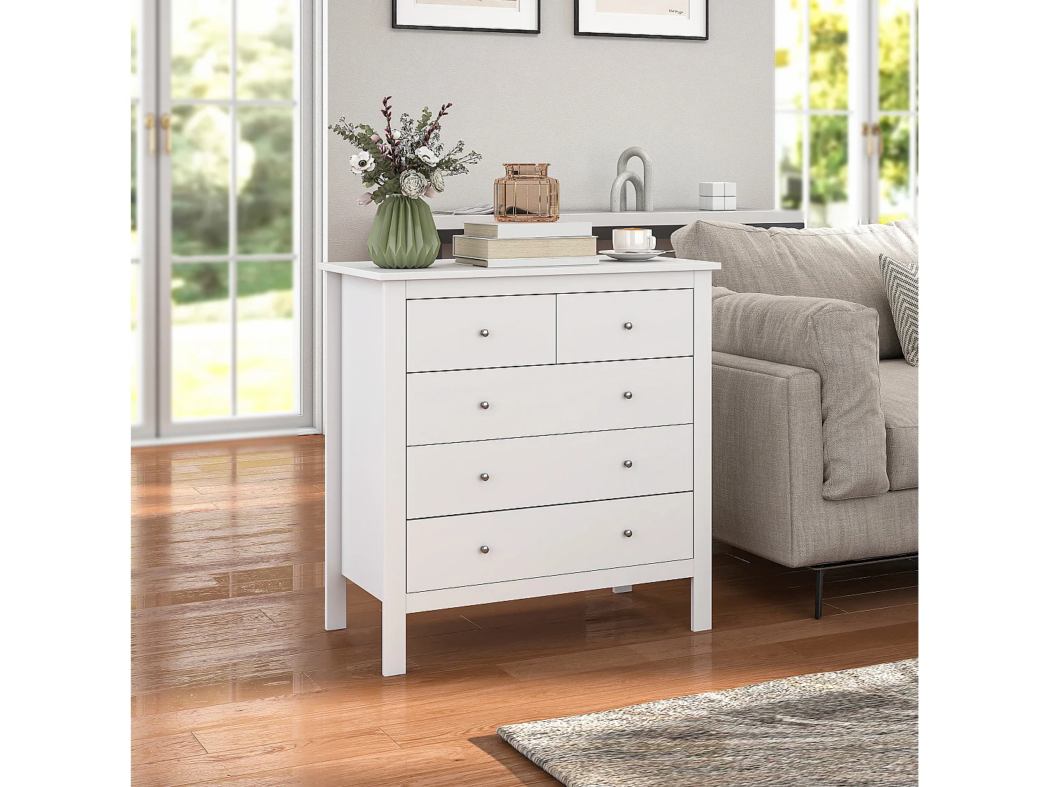 Cassettiera 5 cassetti per camera in legno bianco 79x39.5x80.5 cm