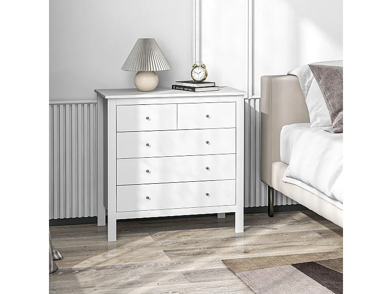 Cassettiera 5 cassetti per camera in legno bianco 79x39.5x80.5 cm
