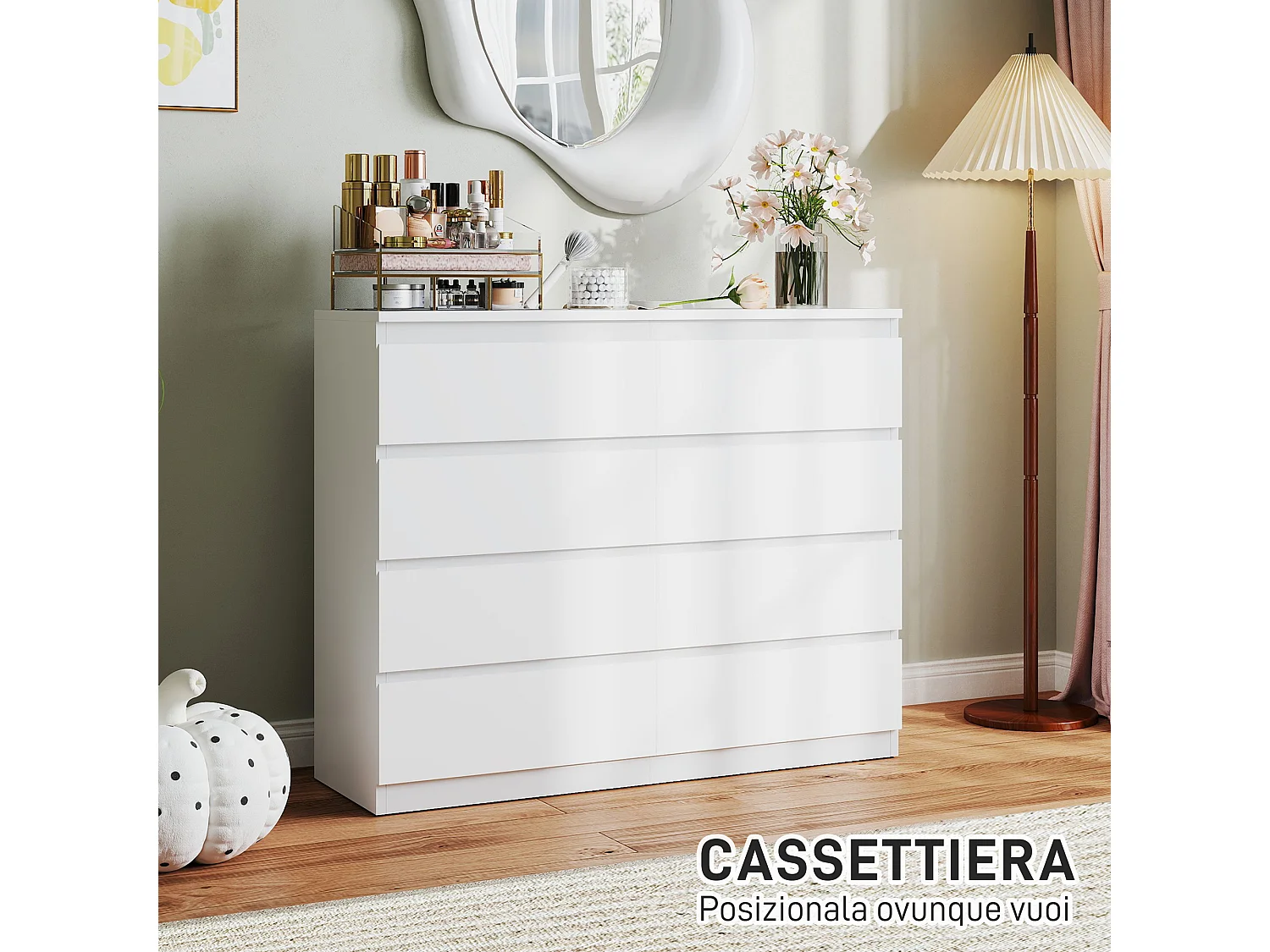 Cassettiera 8 cassetti per camera da letto senza maniglie bianco