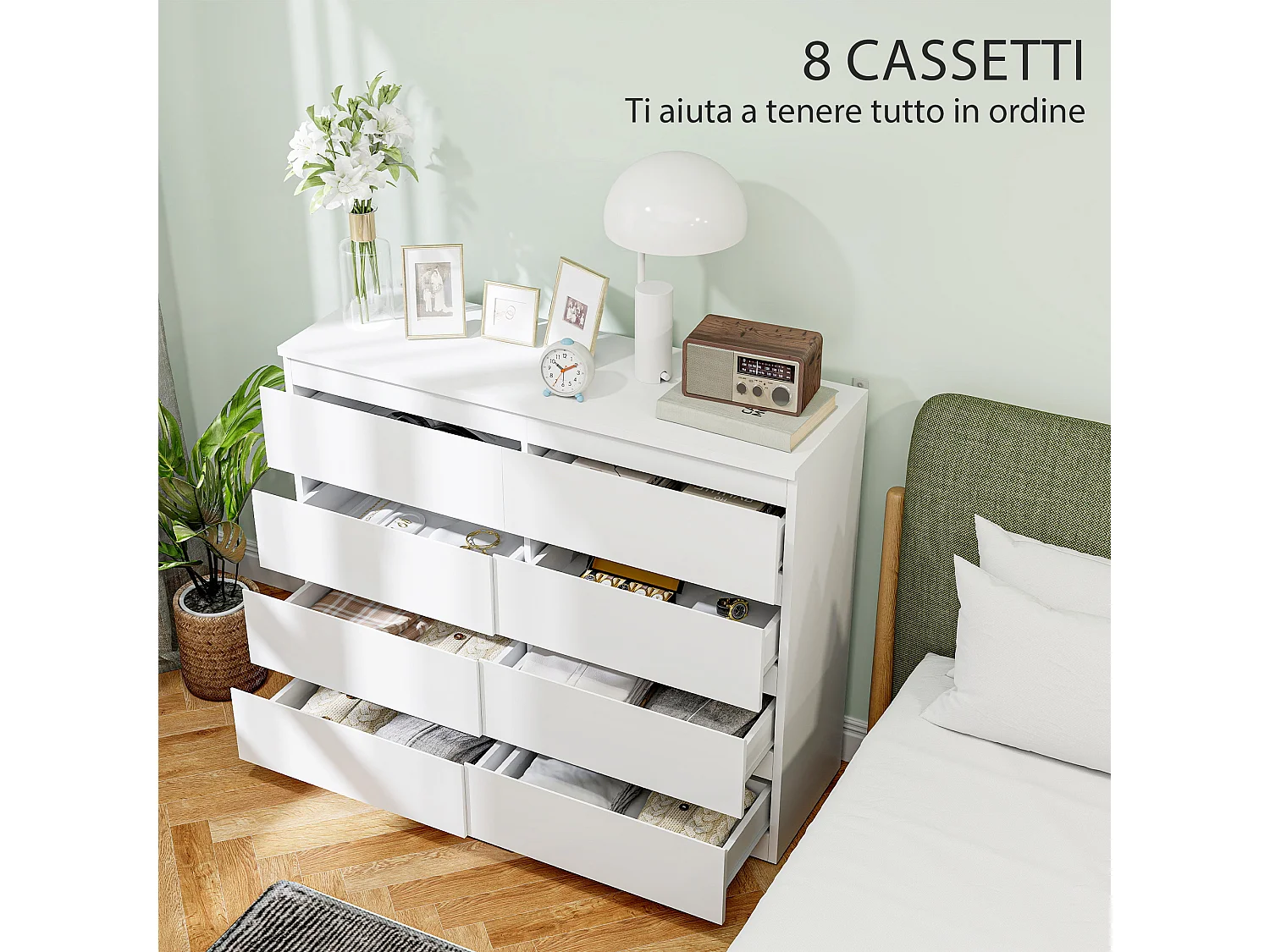 Cassettiera 8 cassetti per camera da letto senza maniglie bianco