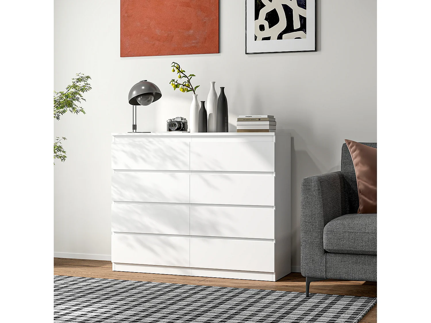 Cassettiera 8 cassetti per camera da letto senza maniglie bianco