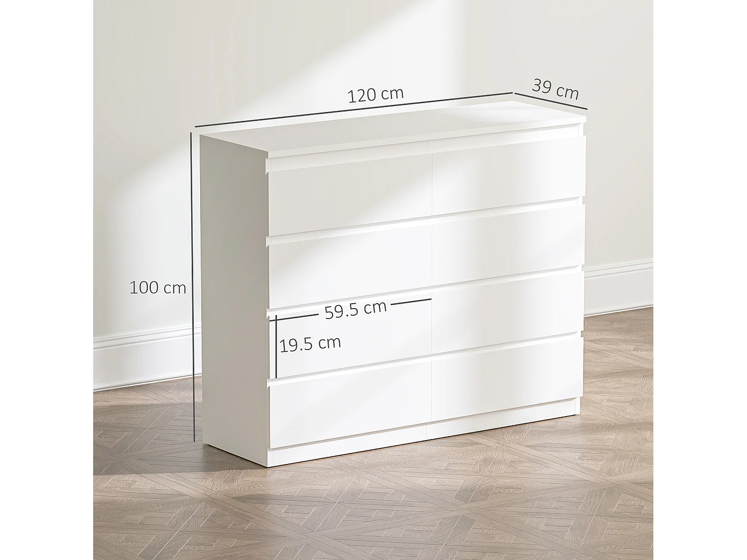 Cassettiera 8 cassetti per camera da letto senza maniglie bianco