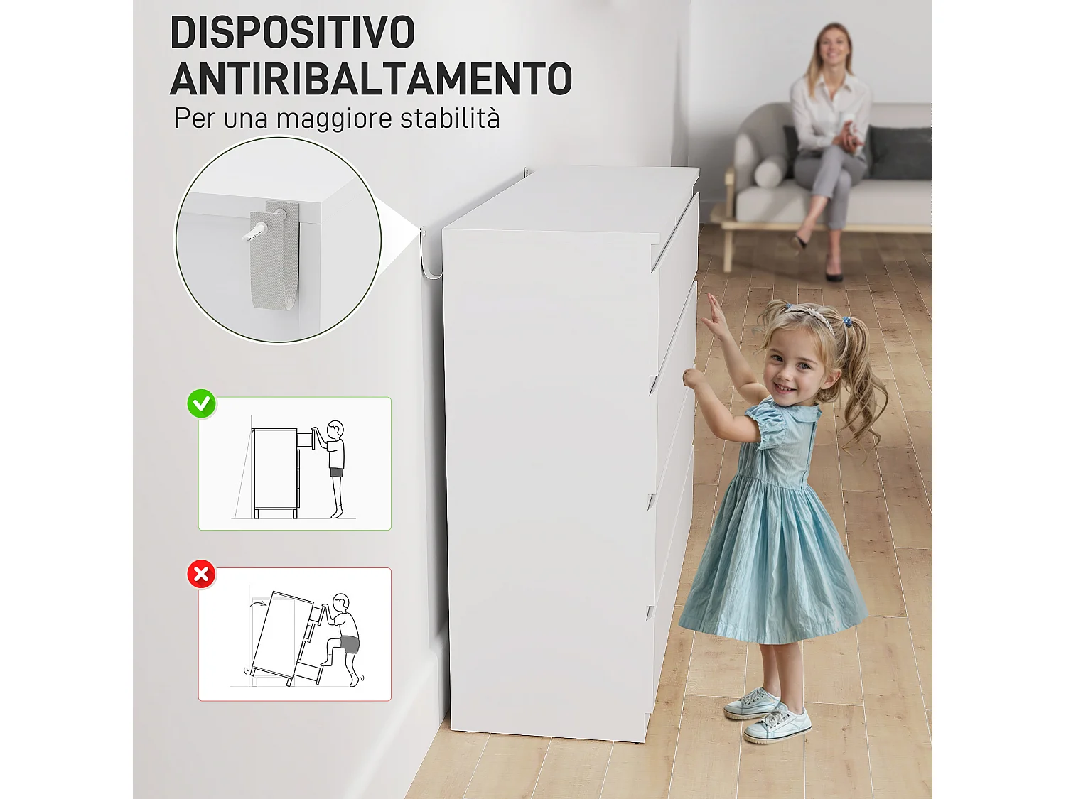 Cassettiera 8 cassetti per camera da letto senza maniglie bianco