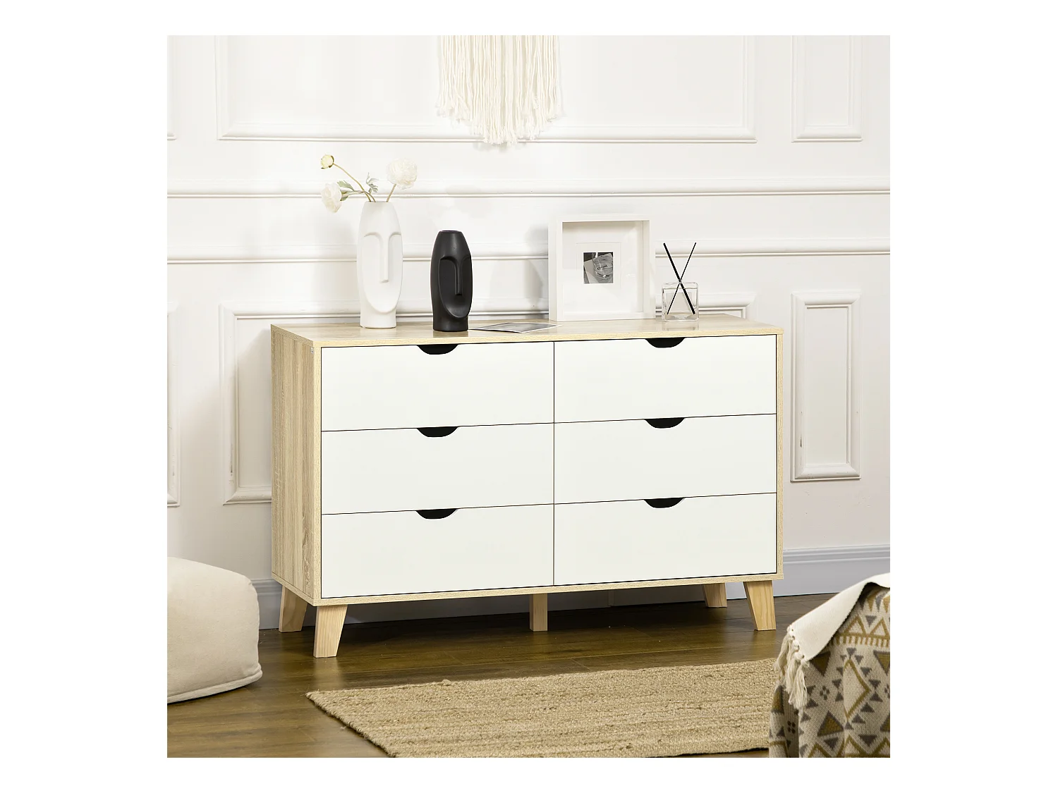 Cassettiera 6 cassetti in legno di pino bianco e rovere 120x40x76cm