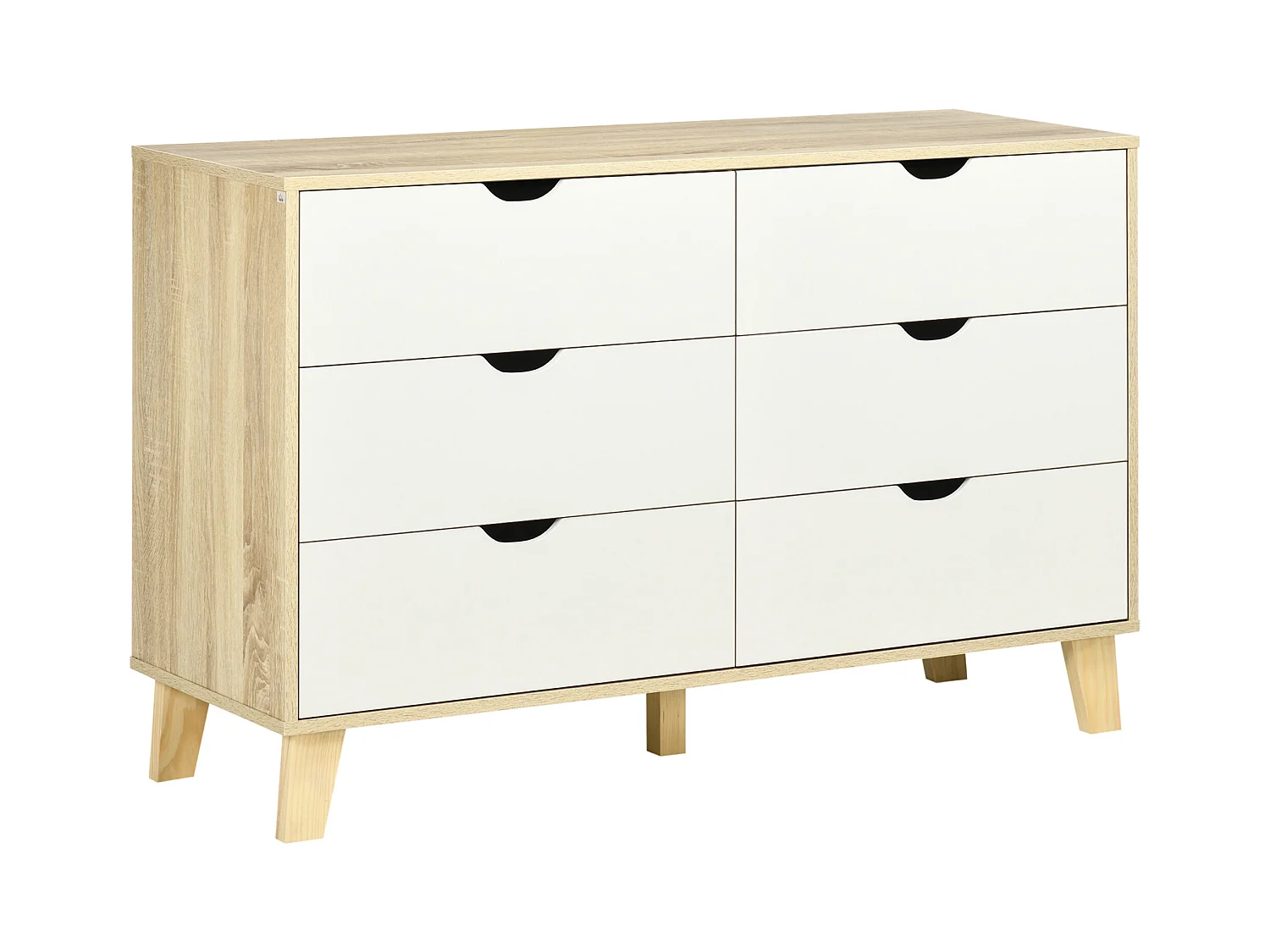 Cassettiera 6 cassetti in legno di pino bianco e rovere 120x40x76cm