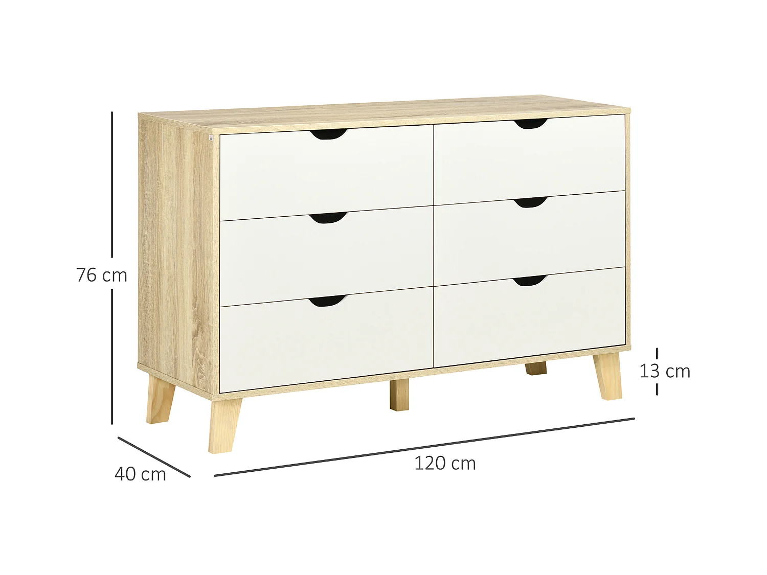 Cassettiera 6 cassetti in legno di pino bianco e rovere 120x40x76cm