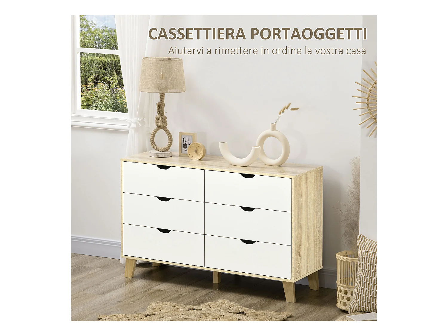 Cassettiera 6 cassetti in legno di pino bianco e rovere 120x40x76cm