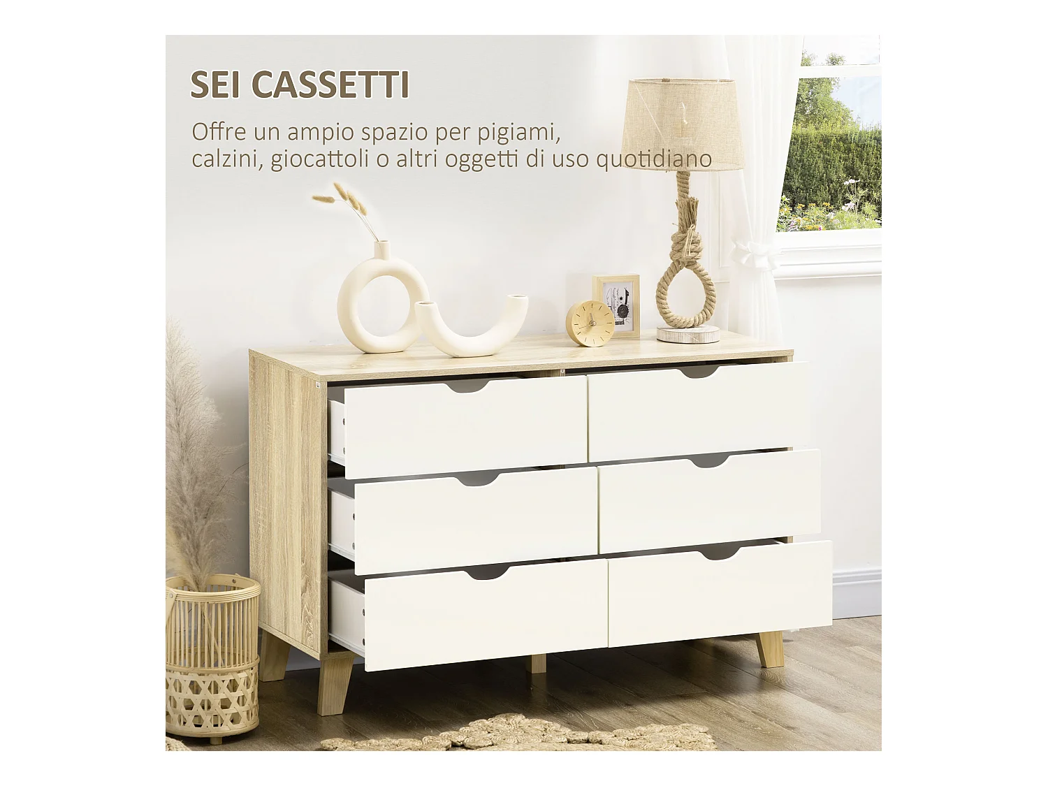Cassettiera 6 cassetti in legno di pino bianco e rovere 120x40x76cm