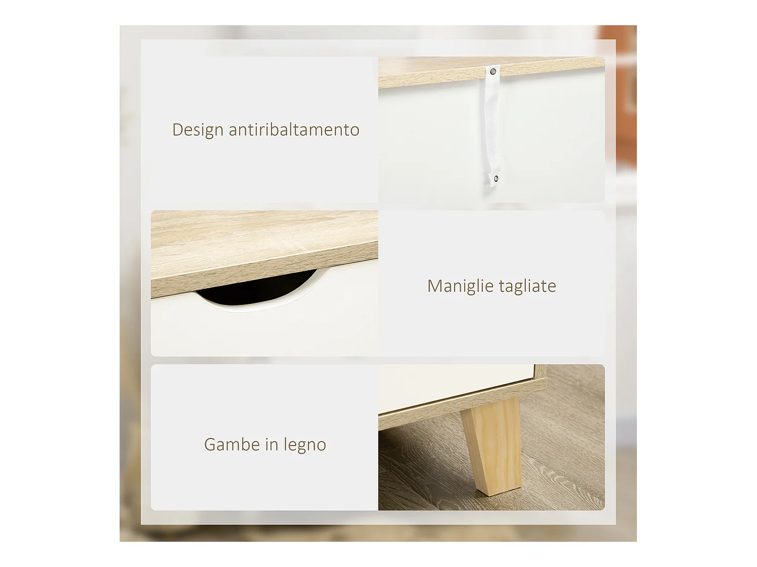 Cassettiera 6 cassetti in legno di pino bianco e rovere 120x40x76cm