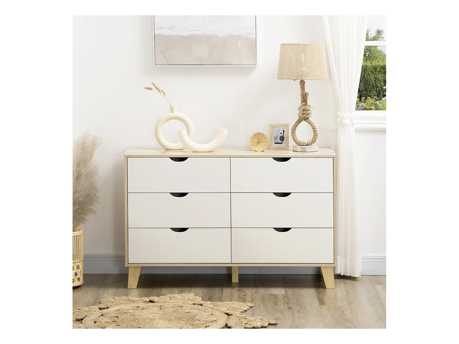 Cassettiera 6 cassetti in legno di pino bianco e rovere 120x40x76cm