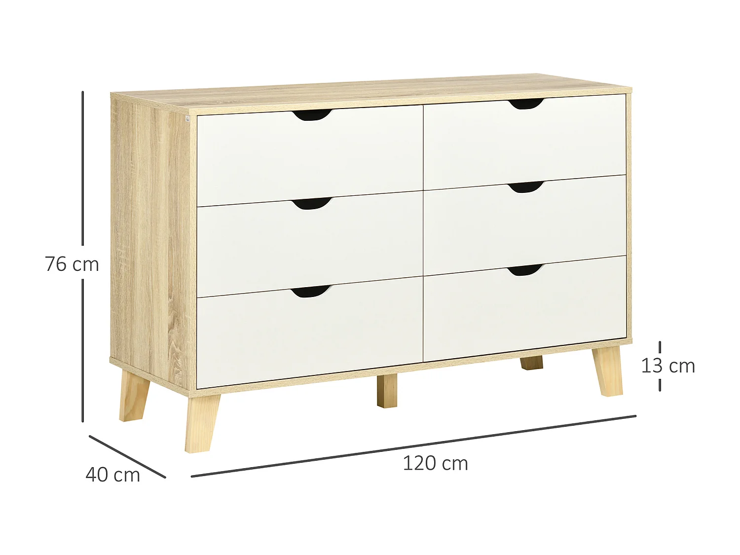 Cassettiera 6 cassetti in legno di pino bianco e rovere 120x40x76cm