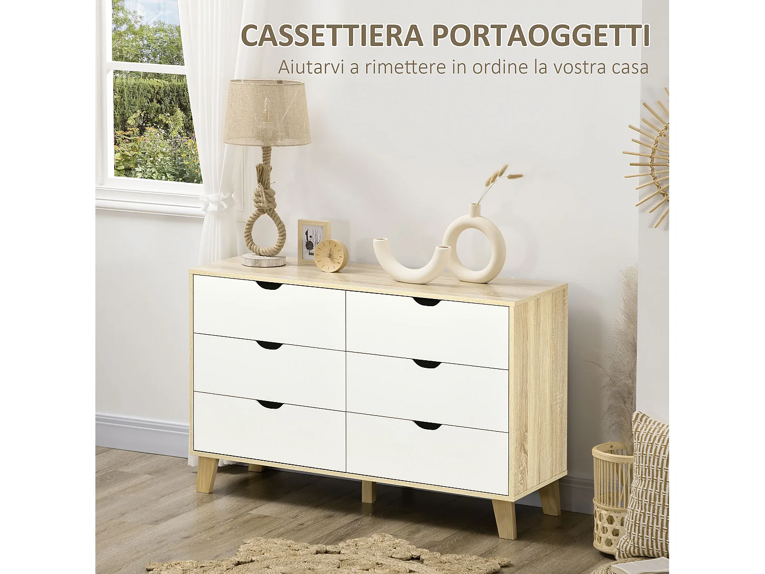 Cassettiera 6 cassetti in legno di pino bianco e rovere 120x40x76cm