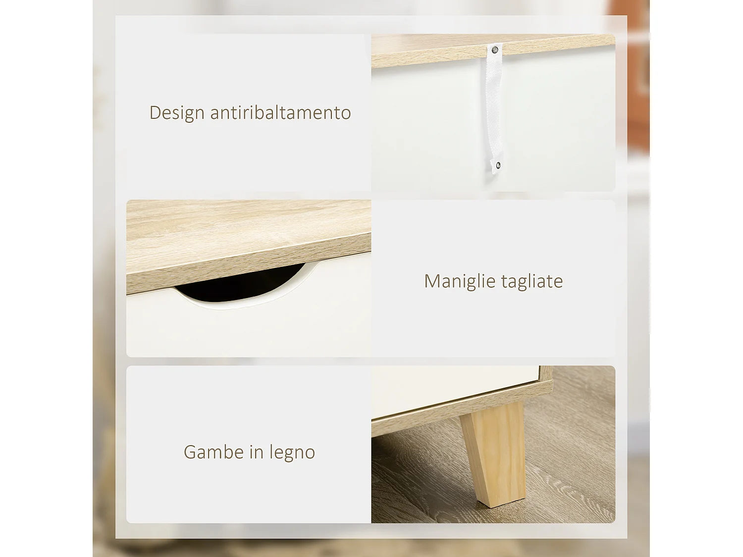 Cassettiera 6 cassetti in legno di pino bianco e rovere 120x40x76cm