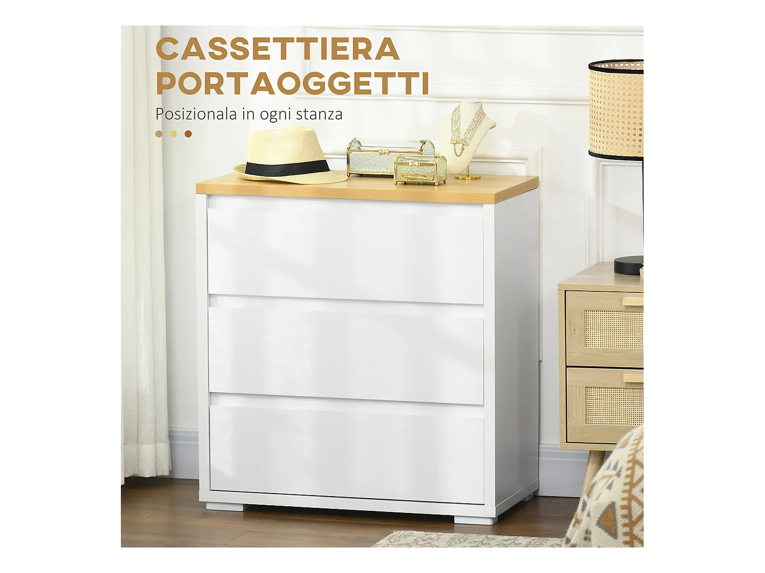 Cassettiera a 3 cassetti in truciolato bianco 70Lx37x75cm