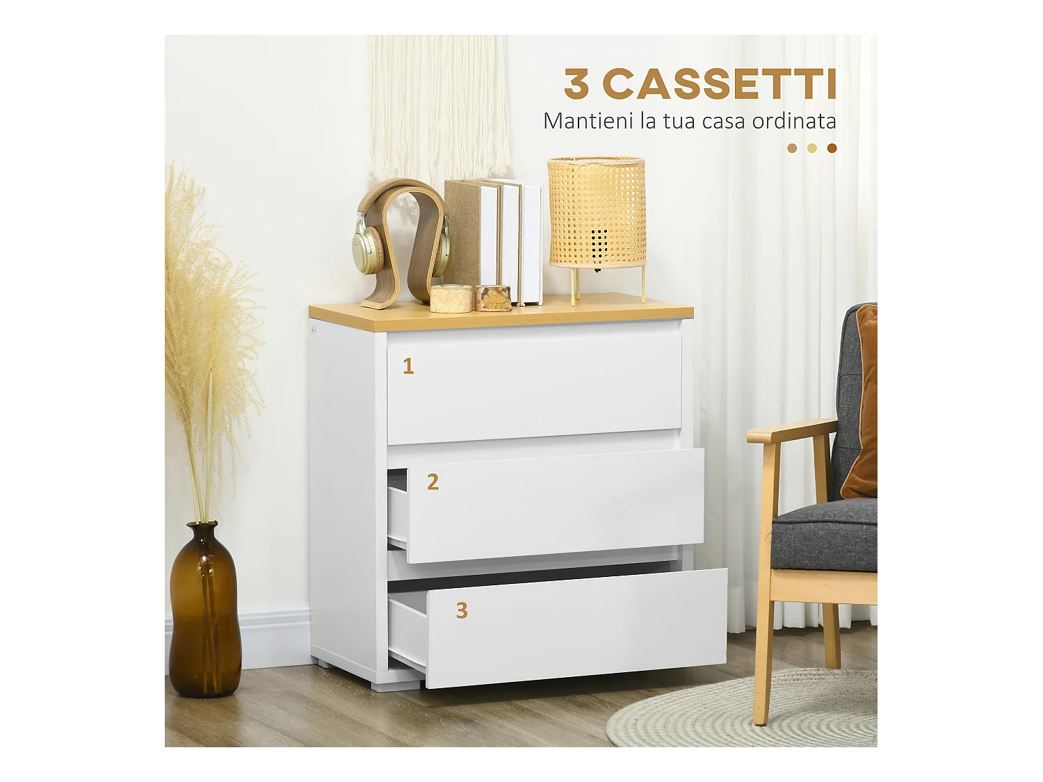 Cassettiera a 3 cassetti in truciolato bianco 70Lx37x75cm