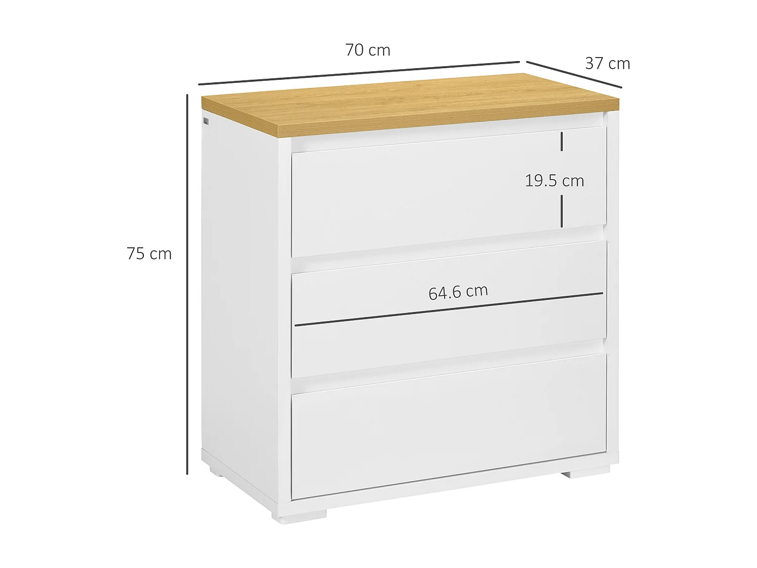 Cassettiera a 3 cassetti in truciolato bianco 70Lx37x75cm