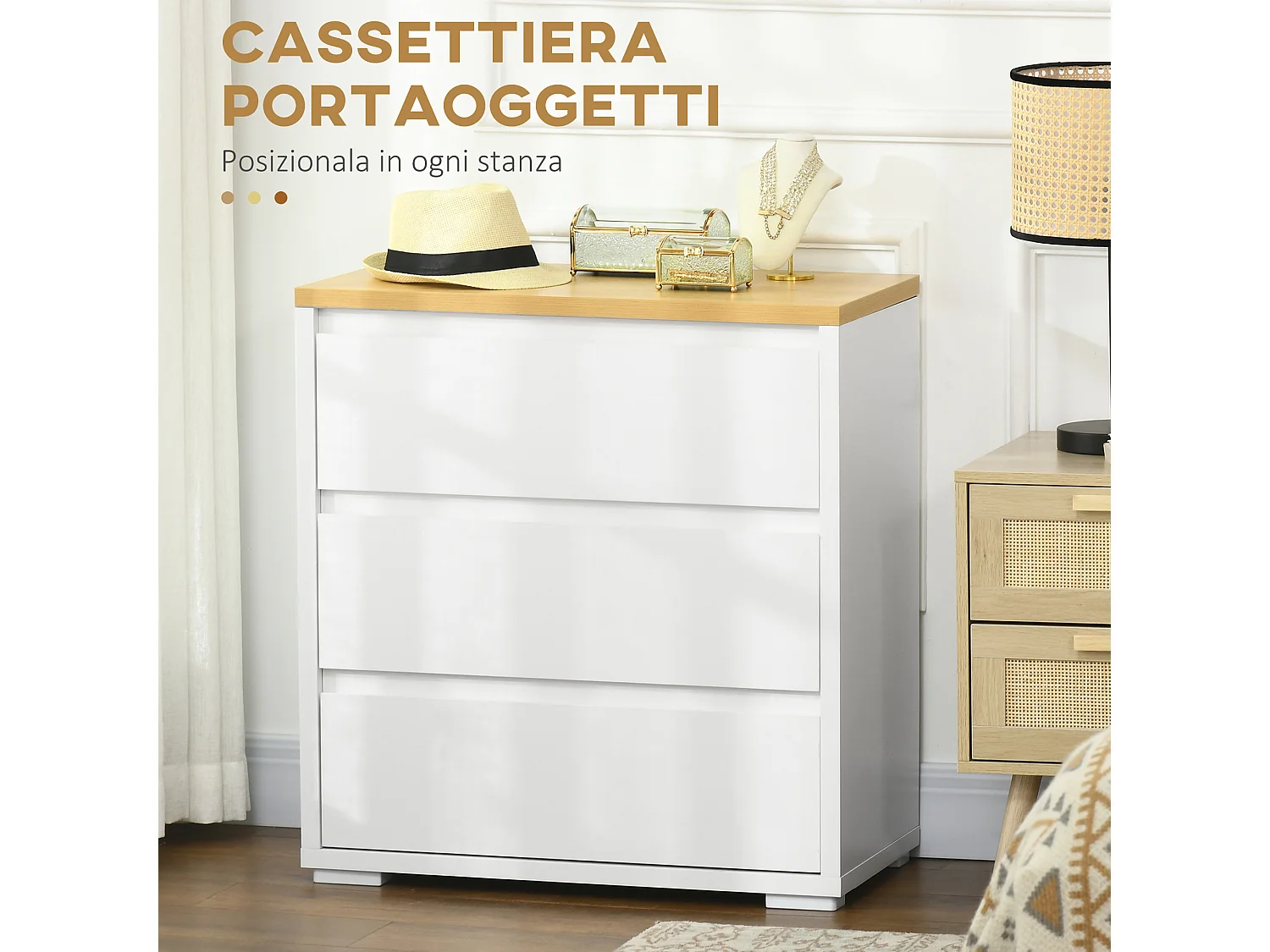 Cassettiera a 3 cassetti in truciolato bianco 70Lx37x75cm