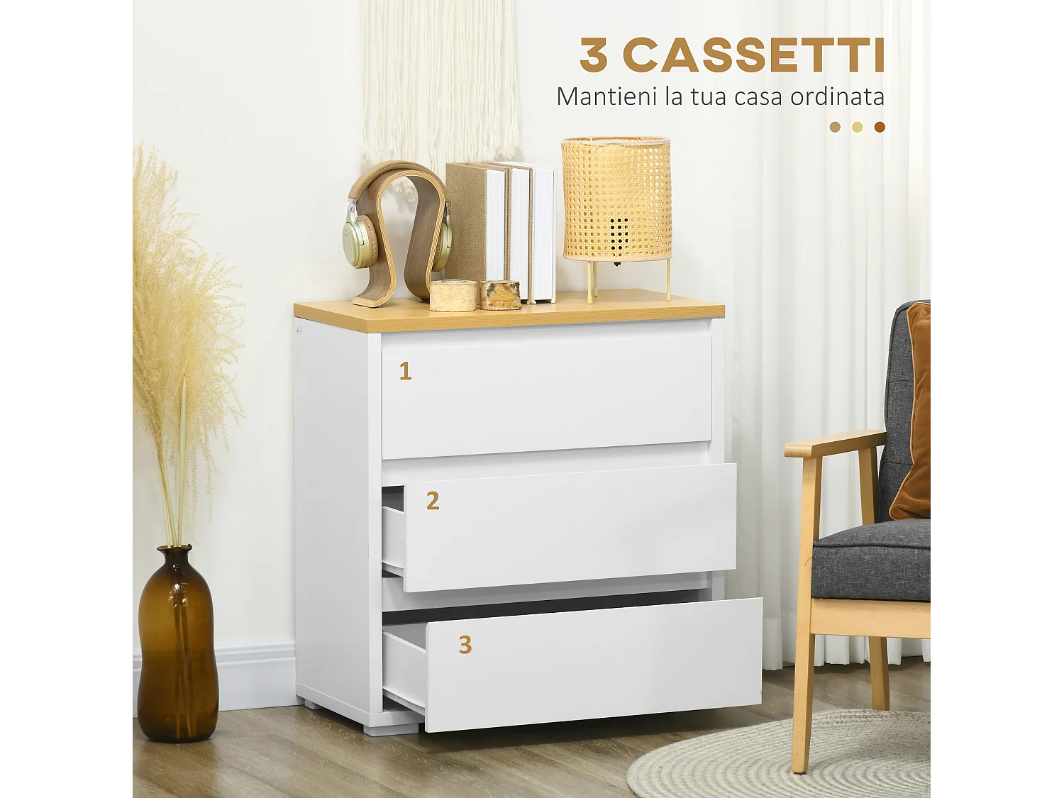 Cassettiera a 3 cassetti in truciolato bianco 70Lx37x75cm