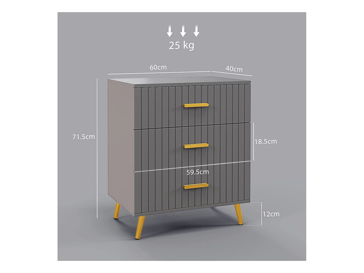 Cassettiera 3 cassetti moderna in legno e alluminio oro e grigio scuro