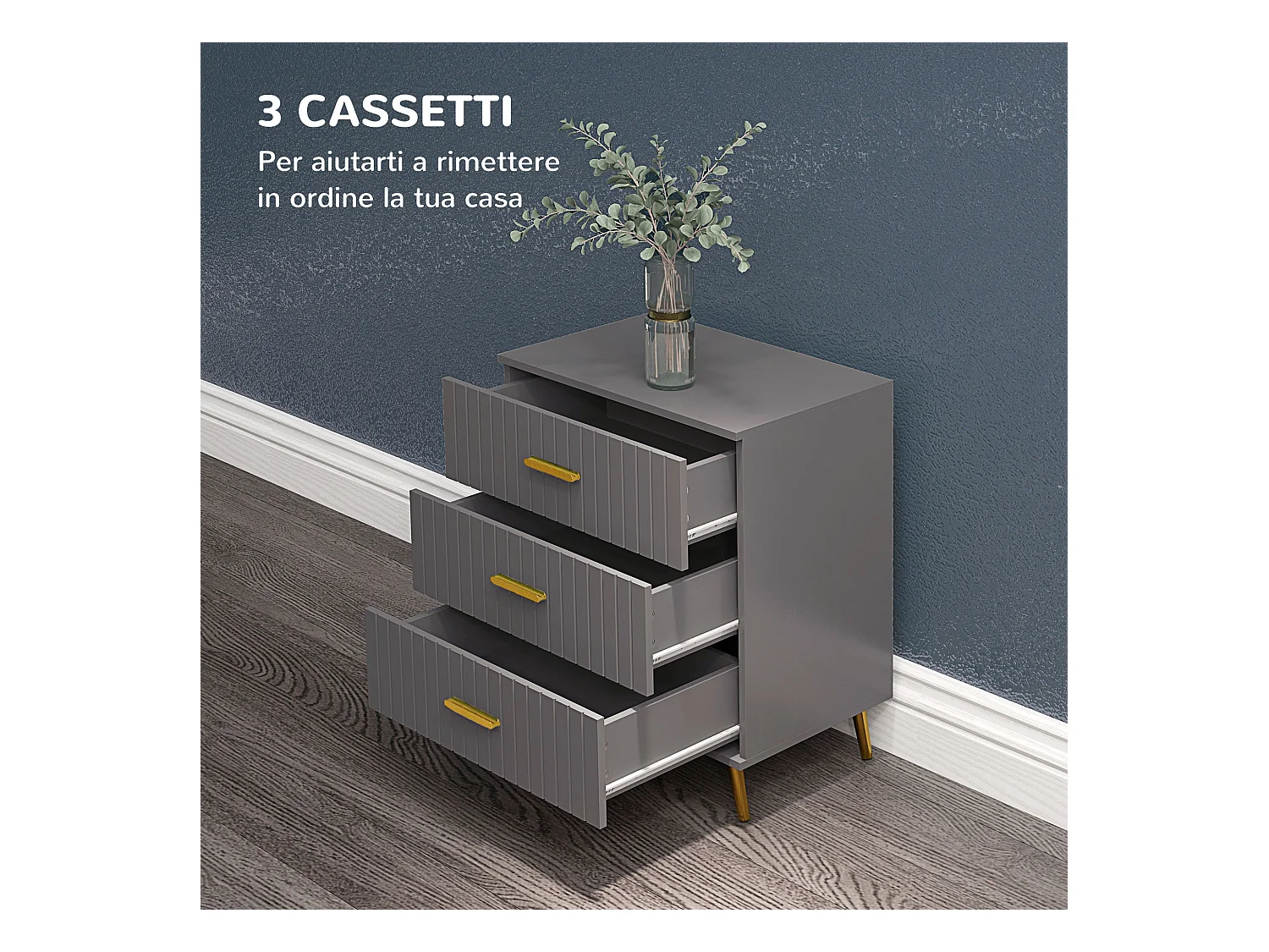 Cassettiera 3 cassetti moderna in legno e alluminio oro e grigio scuro