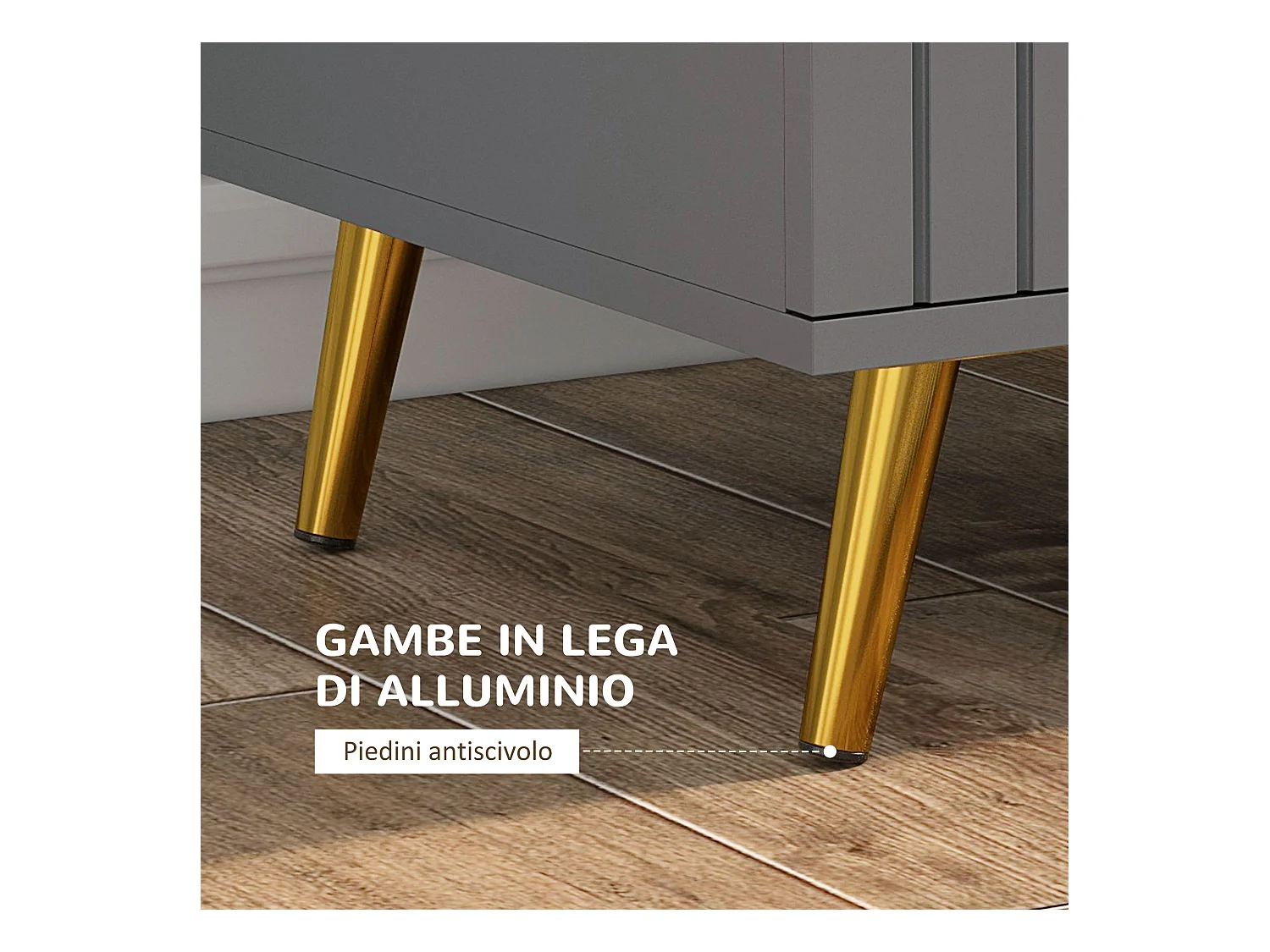 Cassettiera 3 cassetti moderna in legno e alluminio oro e grigio scuro