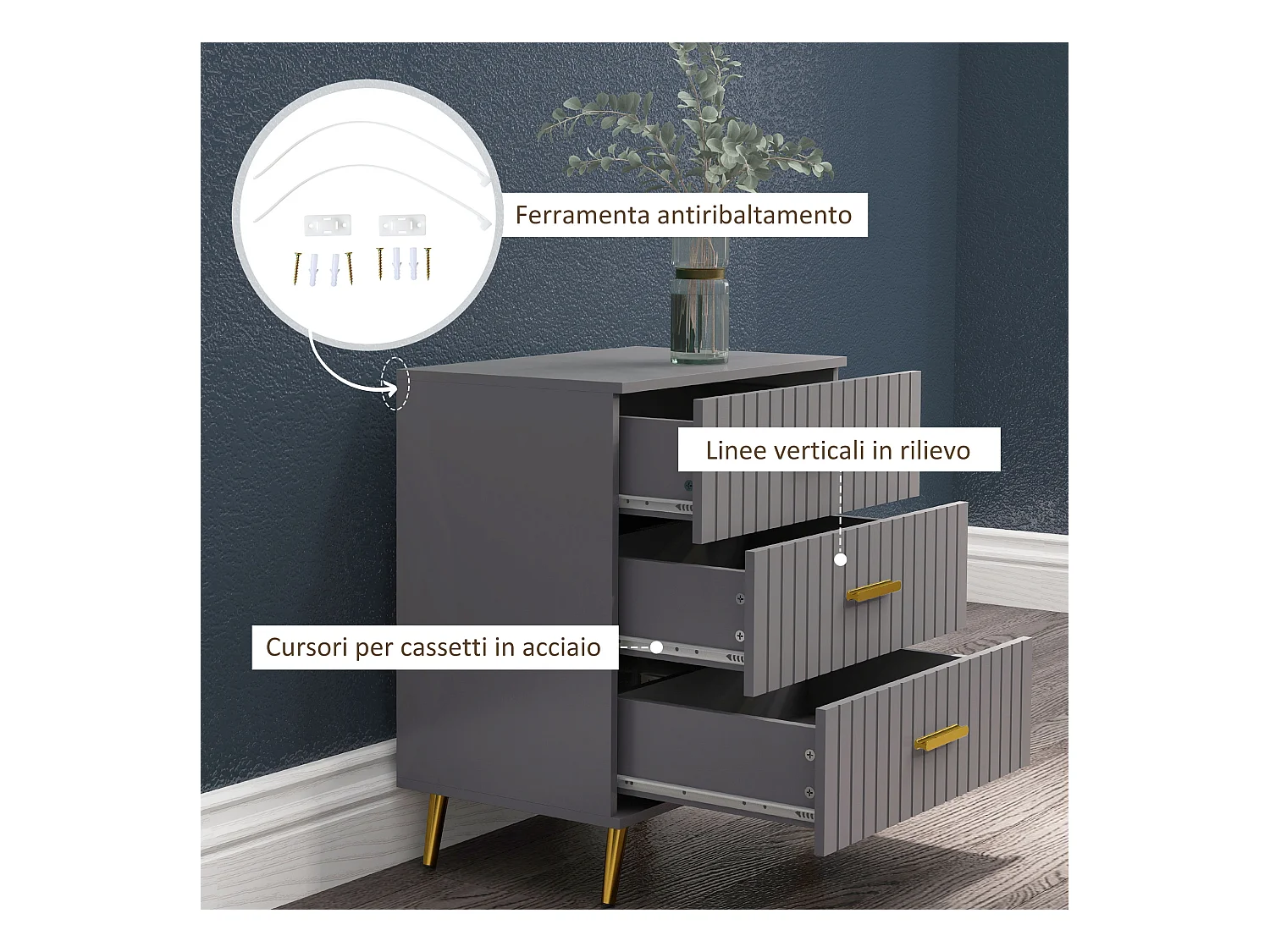 Cassettiera 3 cassetti moderna in legno e alluminio oro e grigio scuro