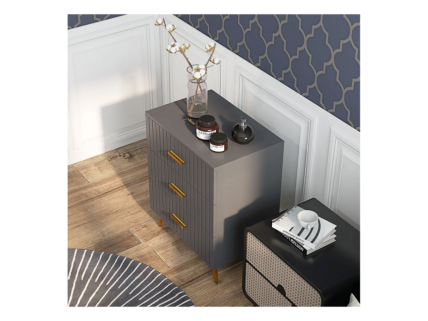 Cassettiera 3 cassetti moderna in legno e alluminio oro e grigio scuro