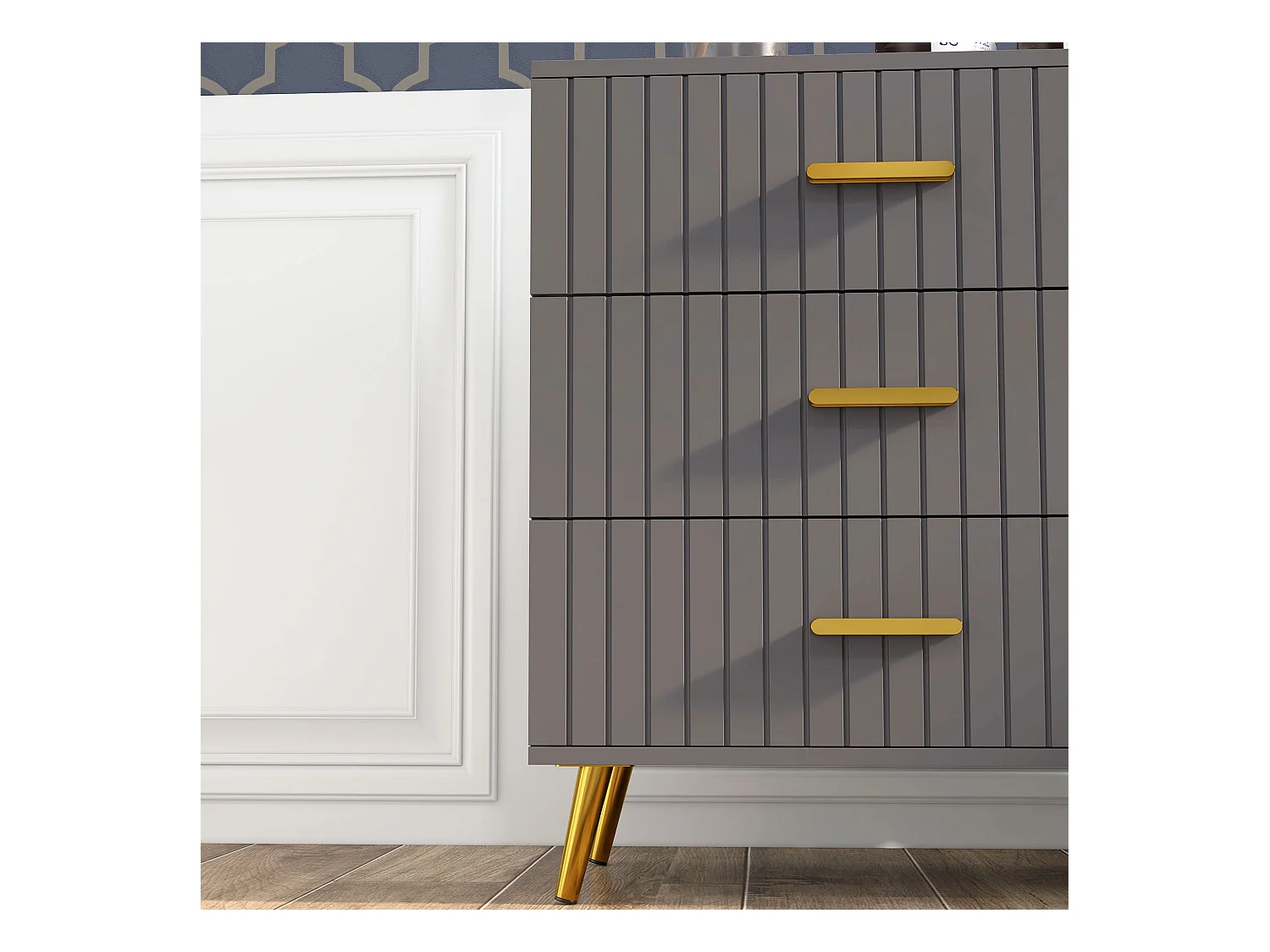 Cassettiera 3 cassetti moderna in legno e alluminio oro e grigio scuro