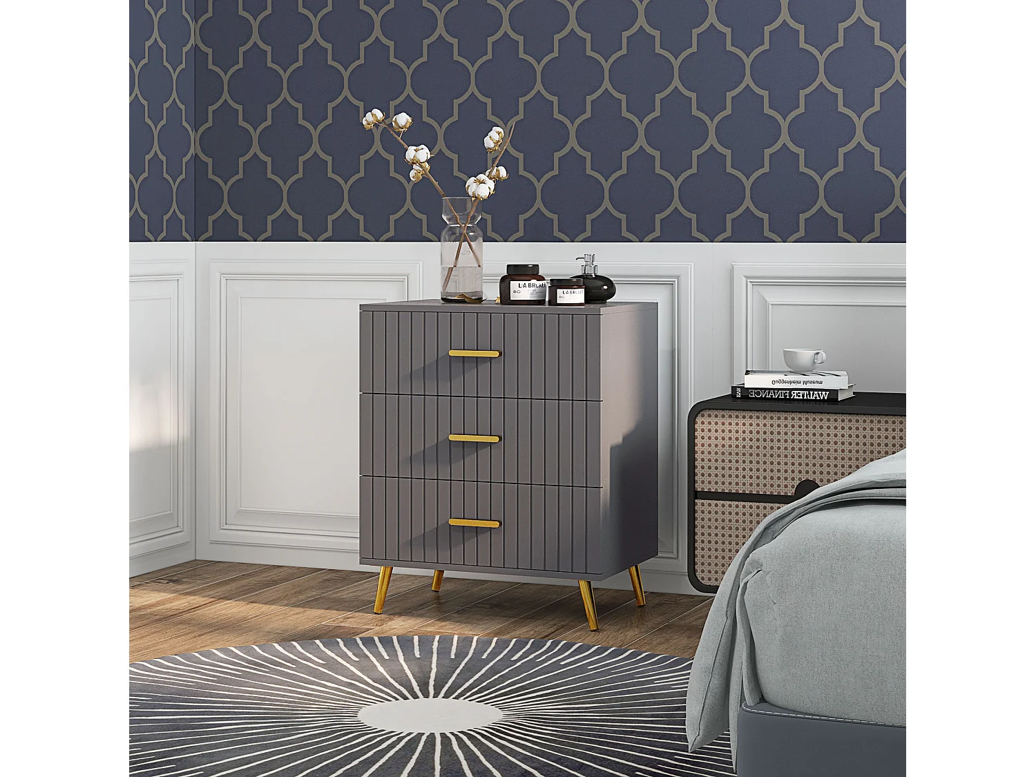 Cassettiera 3 cassetti moderna in legno e alluminio oro e grigio scuro