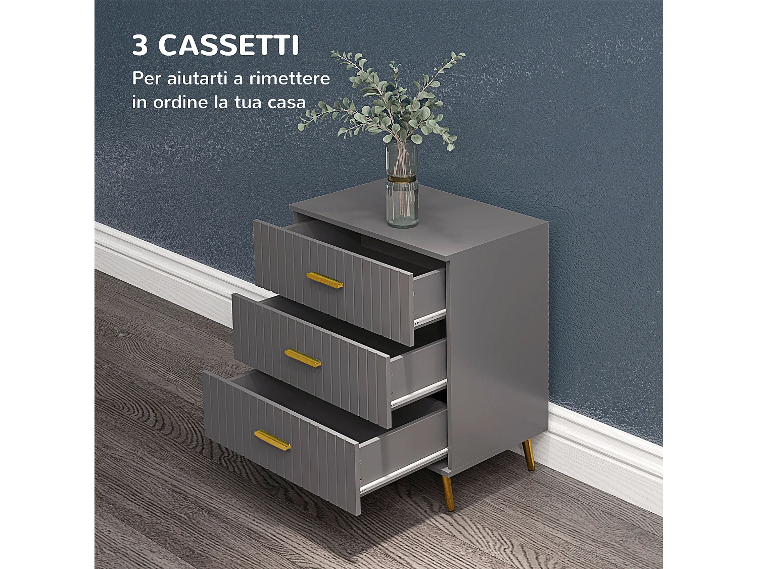 Cassettiera 3 cassetti moderna in legno e alluminio oro e grigio scuro