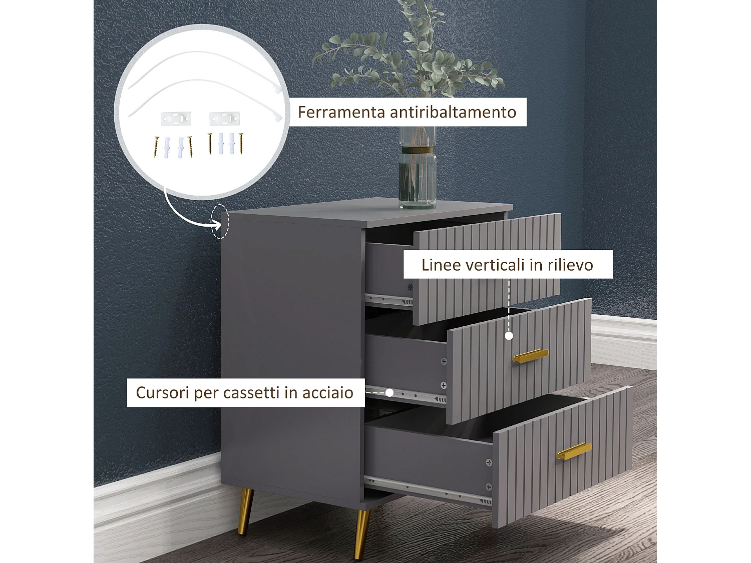 Cassettiera 3 cassetti moderna in legno e alluminio oro e grigio scuro