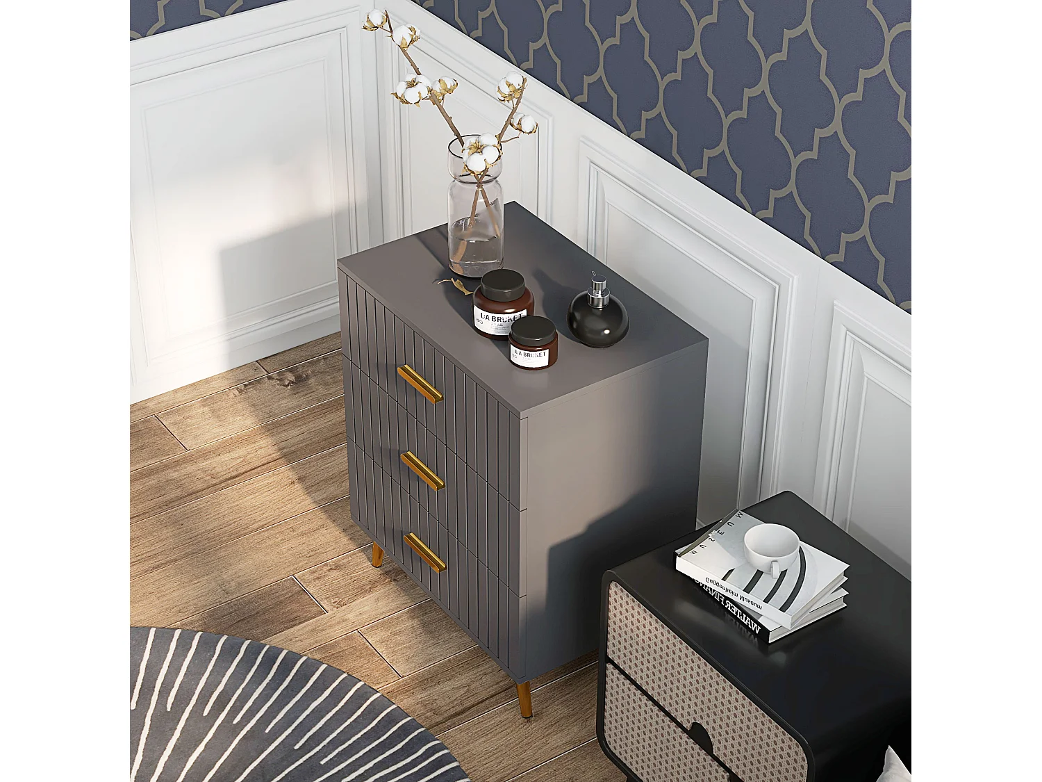 Cassettiera 3 cassetti moderna in legno e alluminio oro e grigio scuro