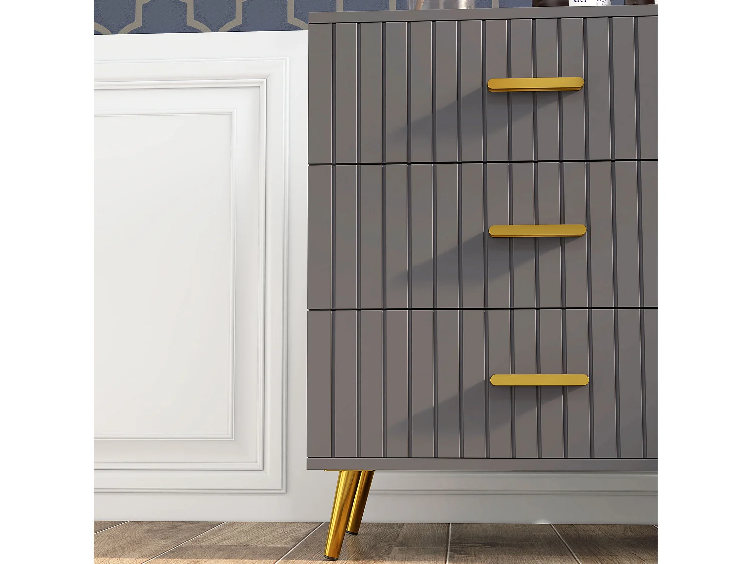 Cassettiera 3 cassetti moderna in legno e alluminio oro e grigio scuro