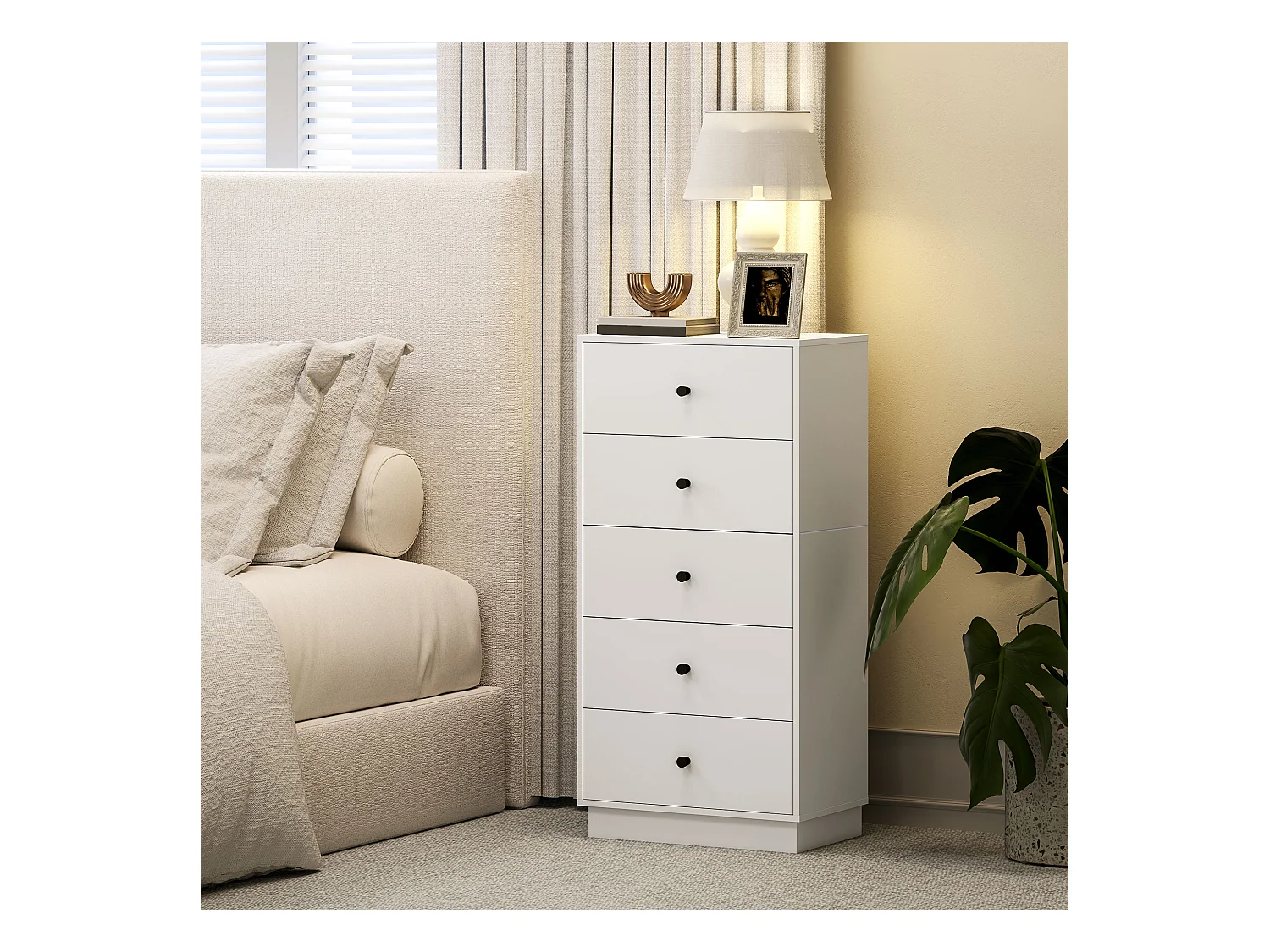 Cassettiera 5 cassetti alta per camera in legno bianco