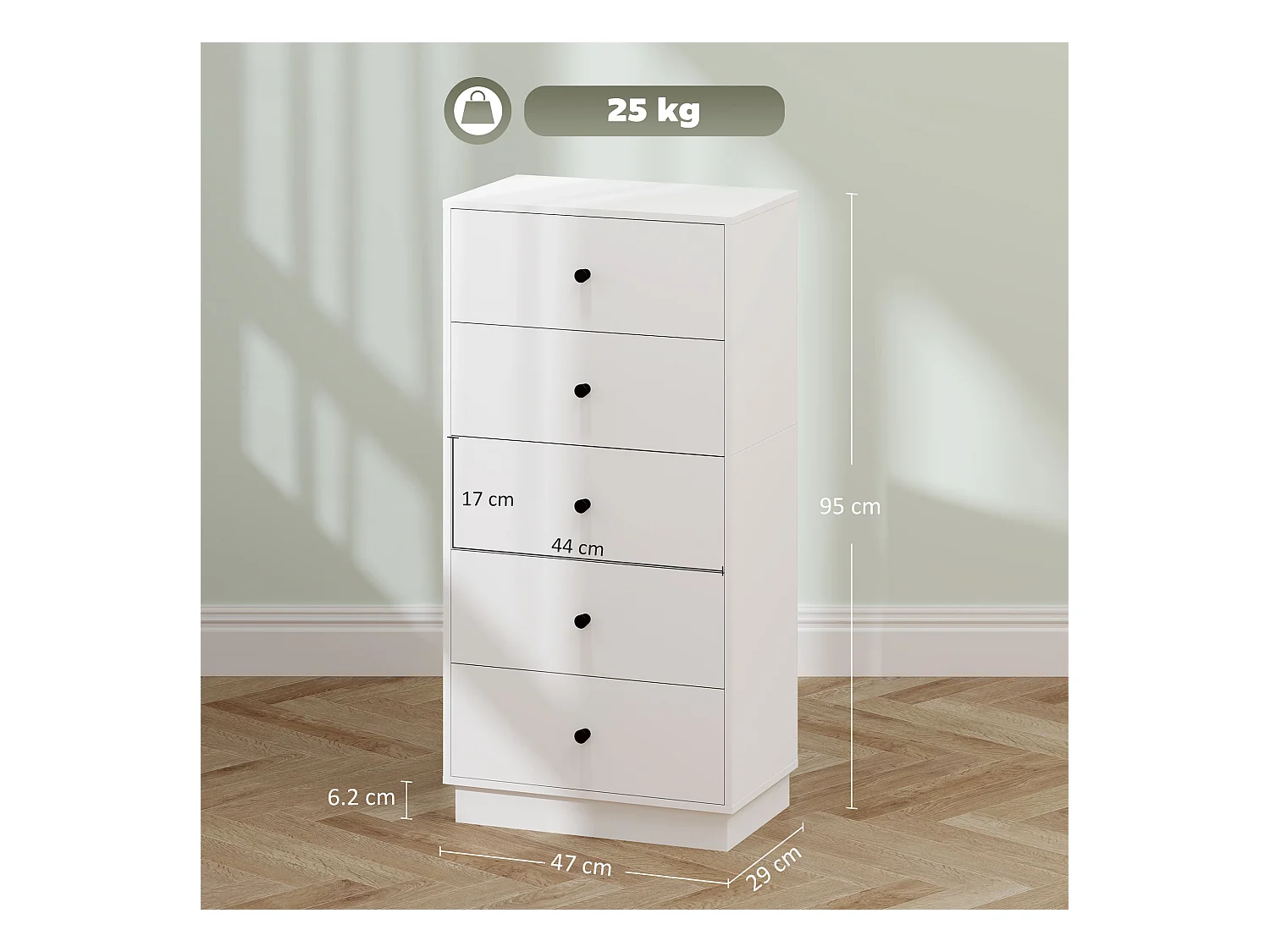 Cassettiera 5 cassetti alta per camera in legno bianco